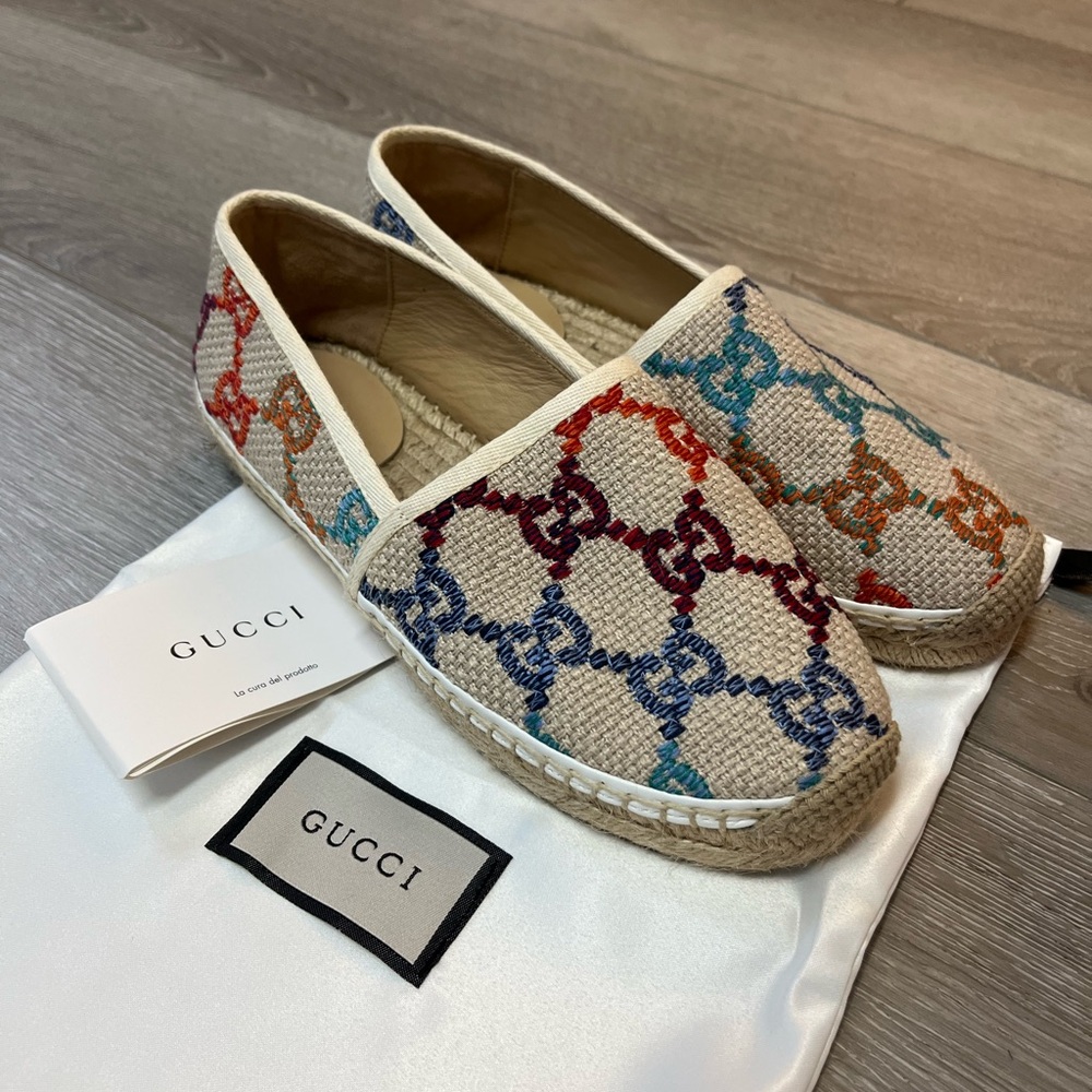 Gucci Linen Psychedelic Mini GG Monogram Espadrilles Multicolor White